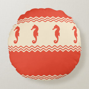 Coral Coastal Seahorses Stripes Round Cushion