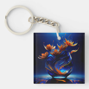 Coral Colored Flowers Growing Out Of A Blue Vase Key Ring