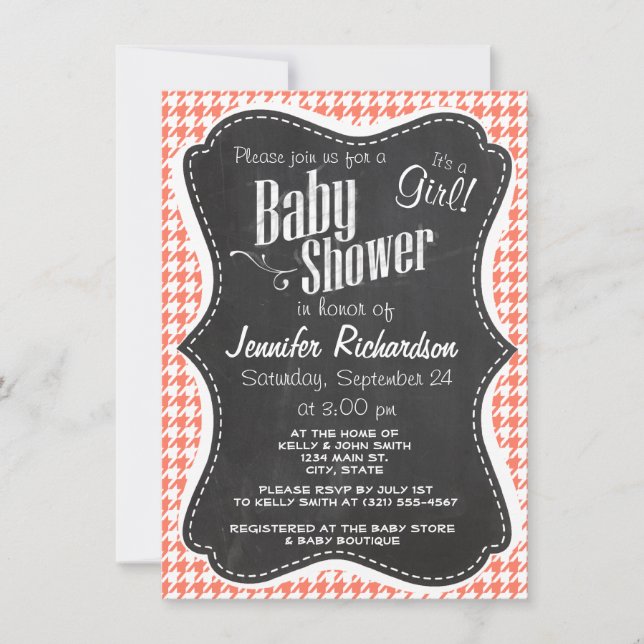 Coral Colour Houndstooth; Chalkboard look Invitation (Front)