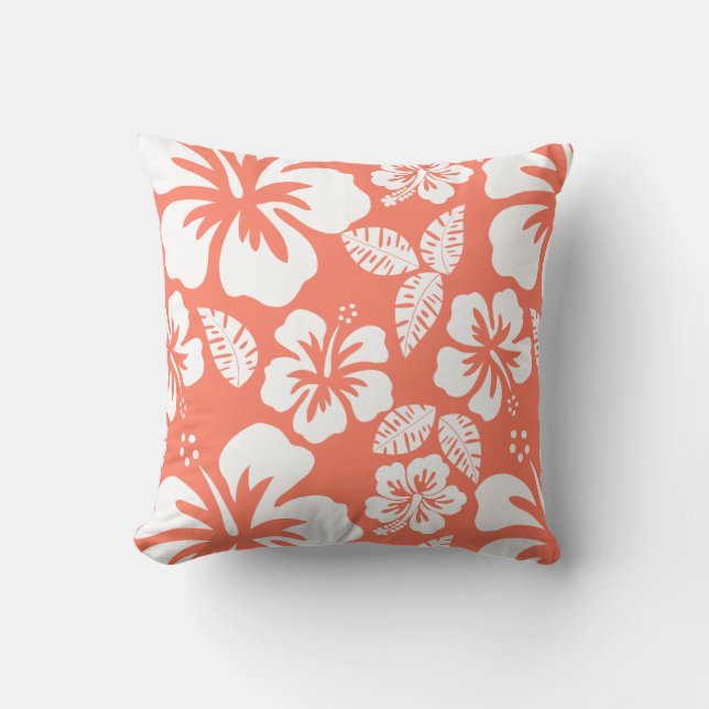 Coral Colour Tropical Hibiscus Cushion (Front)