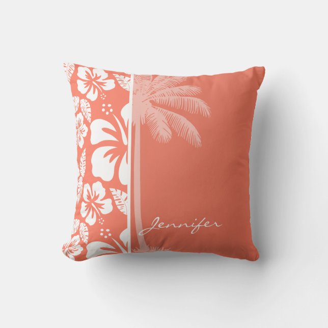 Coral Colour Tropical Hibiscus; Summer Palm Cushion (Front)