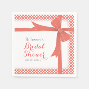 Coral Coloured Bow & White Dots Bridal Shower Napkin