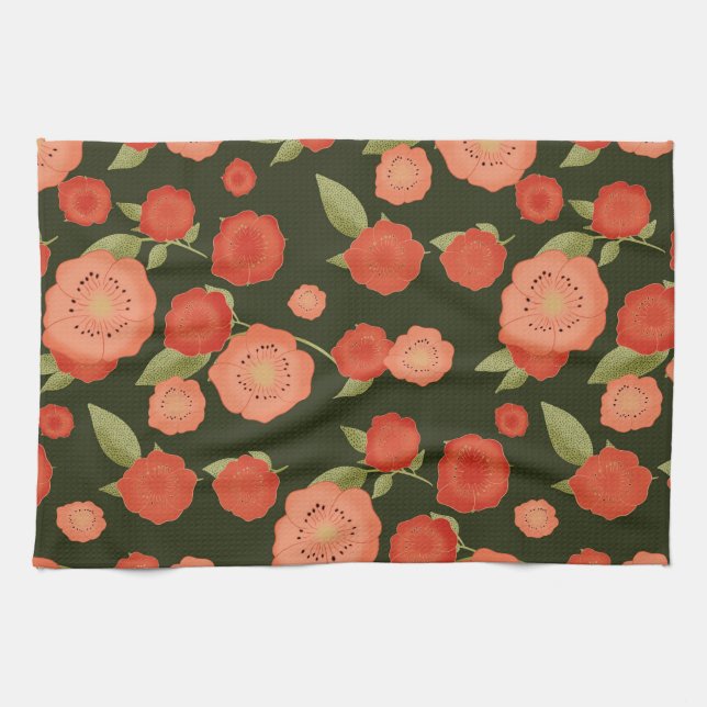 Coral coloured flower tea towel (Horizontal)