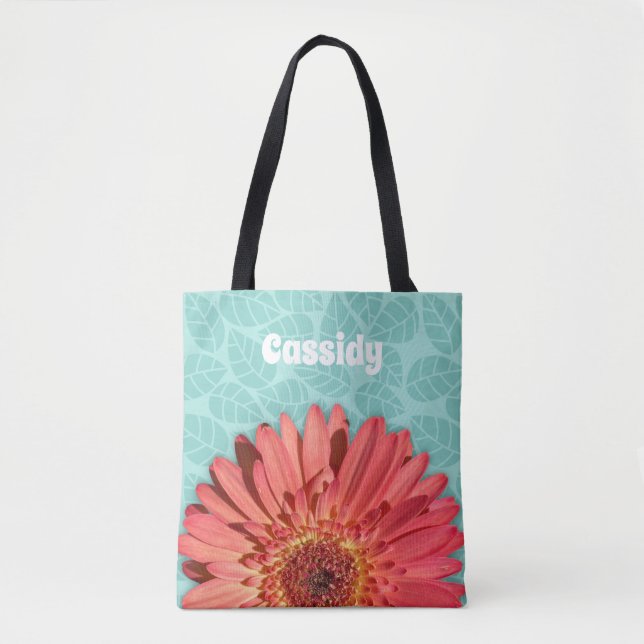 Coral Coloured Gerbera Daisy Photo Mint Green Tote Bag (Front)