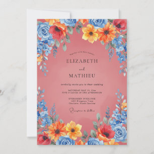 Coral Colourful Botanical Wedding Invitation