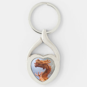 Coral Crafted Chinese Dragon Heart Keychain