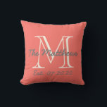 Coral Cream Family Monogram Cushion<br><div class="desc">Personalised grey and cream text monogrammed pillow with your family name and last name initial and wedding date in a typography overlay design on a coral background. Elke Clarke© for MonogramGallery at Zazzle. Makes a great gift for newly weds. Great for your bedroom, favourite chair, as fun decor in your...</div>