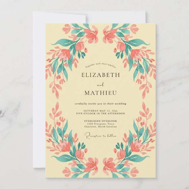 Coral Cream Wreath Wedding Invitation (Front)