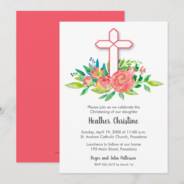 Coral Cross & Flowers Christening, Baptism Invites (Front/Back)