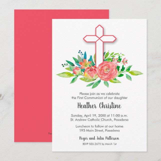 Coral Cross & Flowers First Communion Invitations (Front/Back)
