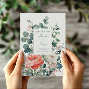Coral Crush Peony and Eucalyptus Wedding Invitation