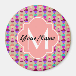 Coral Cupcake Personalised Name, Custom Monogram Magnet