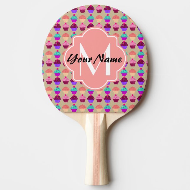 Coral Cupcake Personalised Name, Custom Monogram Ping Pong Paddle (Front)