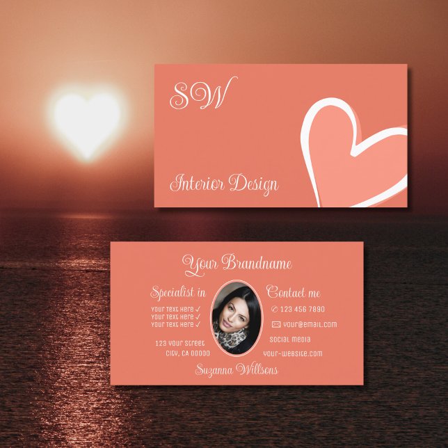 Coral Cute Pink Heart Chic with Monogram and Photo Business Card (Creator Uploaded)