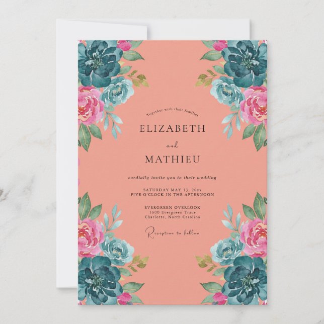 Coral Cyan Peony Wedding Invitation (Front)