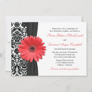 Coral Daisy Black White Damask Wedding Invitation