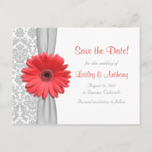Coral Daisy Grey Damask Wedding Save the Date Announcement Postcard