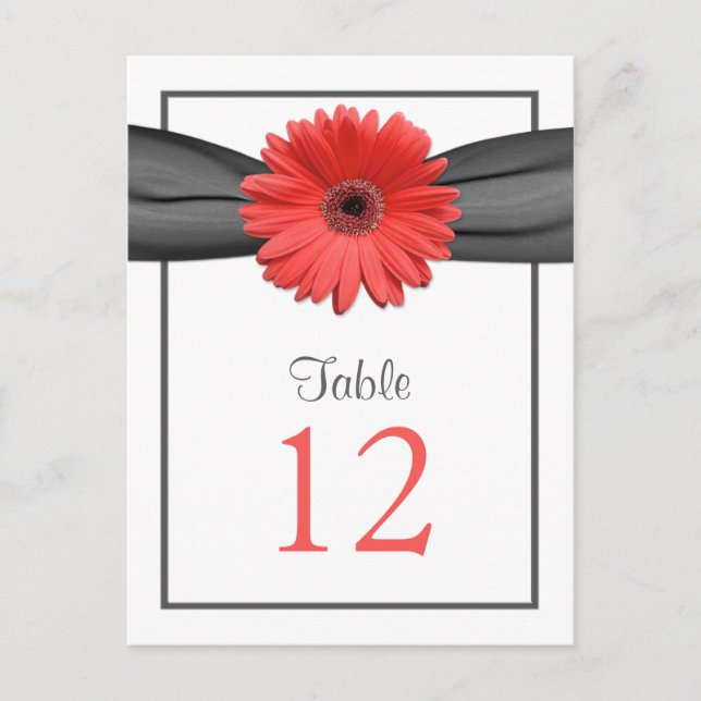 Coral Daisy Grey Grey Ribbon Table Number Card (Front)