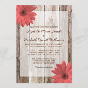 Coral Daisy Rustic Barn Wood Wedding Invitation