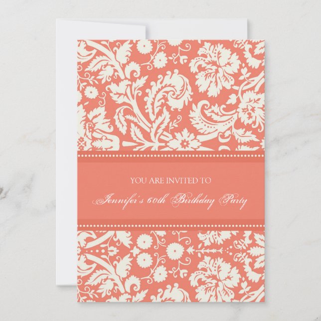 Coral Damask 60th Birthday Party Invitations (Front)