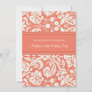 Coral Damask 90th Birthday Party Invitations