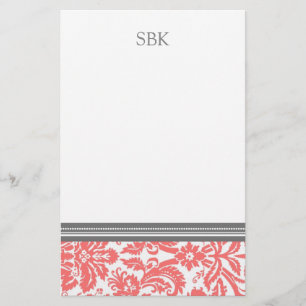 Coral Damask Custom Monogram Stationery