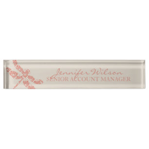 Coral Damask Dragonfly Wedding Nameplate