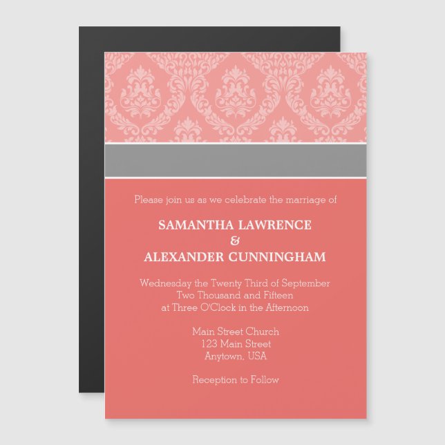 Coral Damask Magnetic Wedding Invitation (Front/Back)