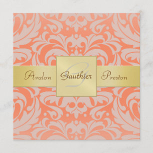 Coral Damask Monogram Gold Ribbon Invitation