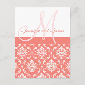 Coral Damask Monogram Names RSVP Reply Cards