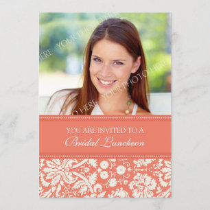 Coral Damask Photo Bridal Luncheon Invitation Card