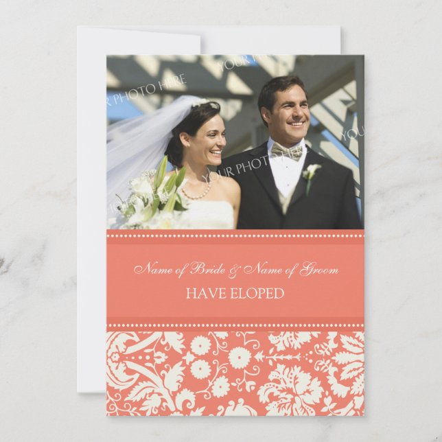 Coral Damask Photo Elopement Announcement Cards (Front)
