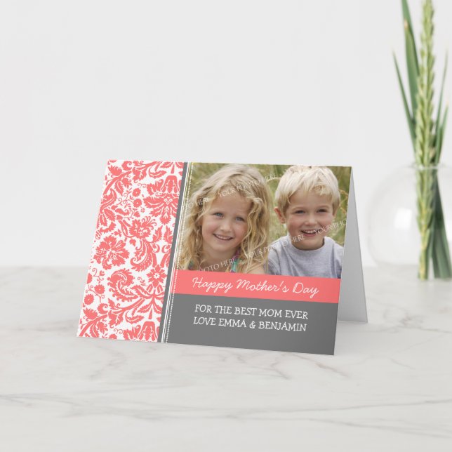 Coral Damask Photo Happy Mother's Day Card (Front)