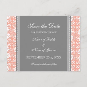 Coral Damask Save the Date Wedding Postcards
