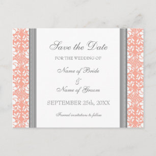 Coral Damask Save the Date Wedding Postcards
