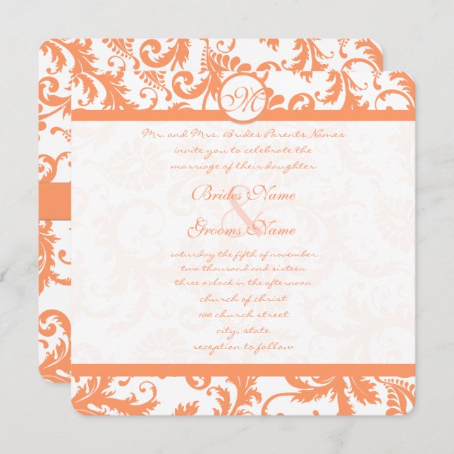 Coral Damask Wedding Invitation (Front/Back)