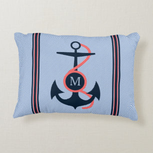 Coral & Dark Blue Boat Anchor & Decorative Stripes Cushion