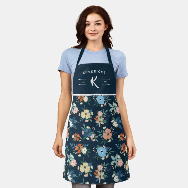 Coral & Dark Blue Floral Pattern Family Monogram Apron (Worn)