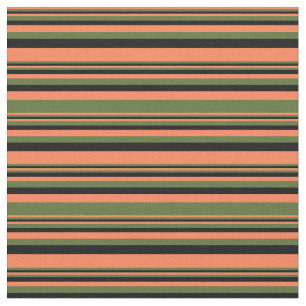 Coral, Dark Olive Green, and Black Stripes Fabric