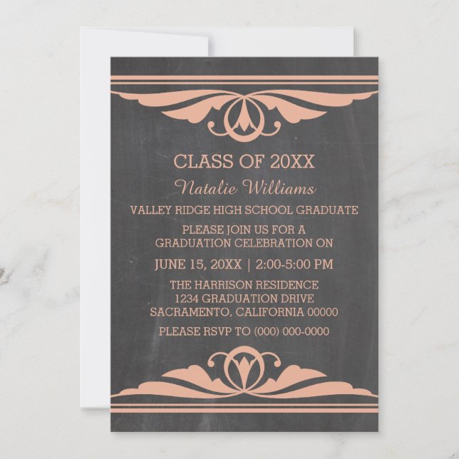 Coral Deco Chalkboard Graduation Invite (Front)