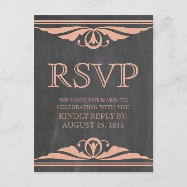 Coral Deco Chalkboard RSVP Postcard (Front)