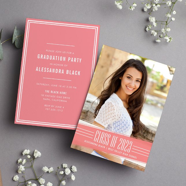 Coral Deco Stripe Photo Graduation Party Invitation (Creator Uploaded)