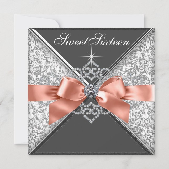 Coral Diamond Sweet 16 Birthday Party Invitations (Front)