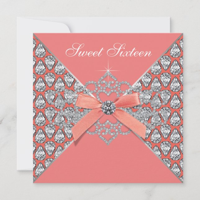 Coral Diamonds Coral Sweet 16 Birthday Party Invitation (Front)