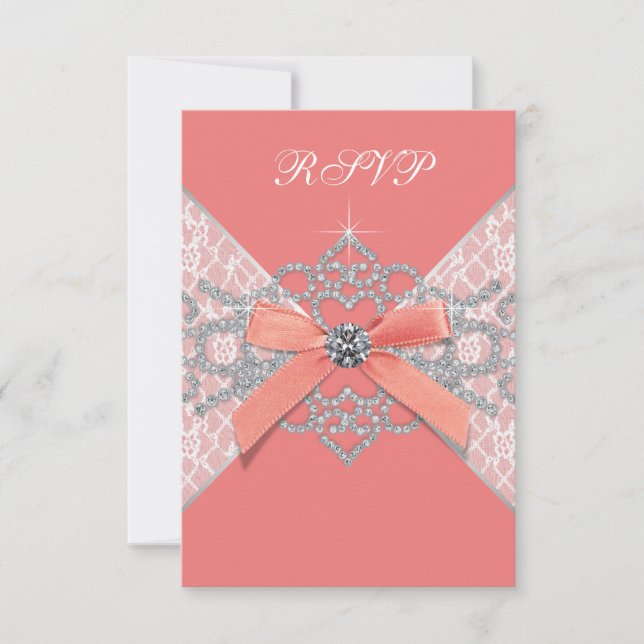 Coral Diamonds Coral Sweet 16 Birthday Party RSVP (Front)