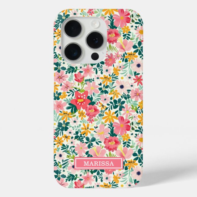 Coral Ditsy Flowers Monogrammed Case-Mate iPhone Case (Back)