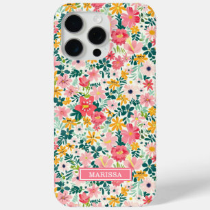 Coral Ditsy Flowers Monogrammed iPhone 15 Pro Max Case