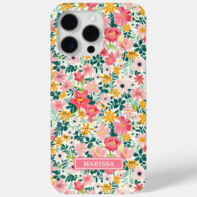Coral Ditsy Flowers Monogrammed Case-Mate iPhone Case (Back)