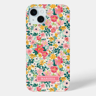 Coral Ditsy Flowers Monogrammed iPhone 15 Mini Case