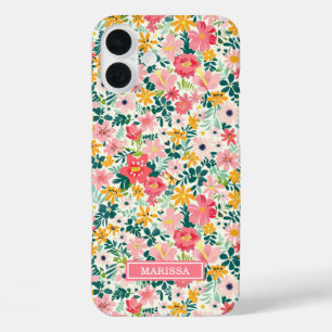 Coral Ditsy Flowers Monogrammed iPhone 16 Plus Case